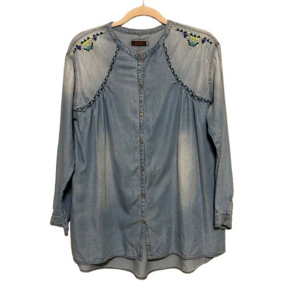 Catimini Embroidered Chambray Button Up Top Girls 14 YR Womens S/M Western Boho